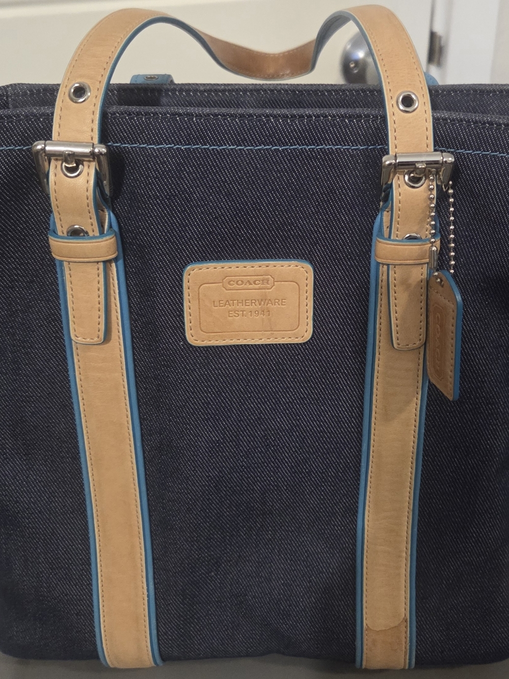 Coach Denim Tote Bag with Tan Leather Trim